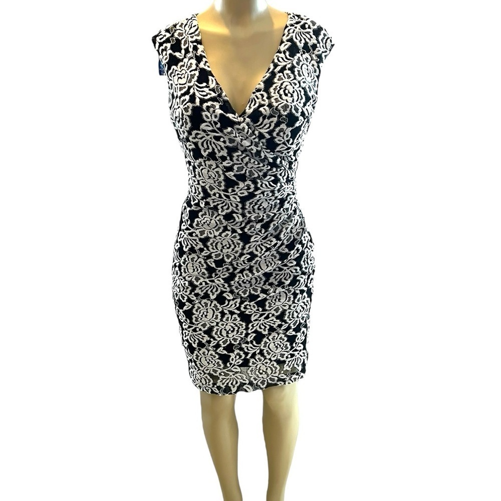 Ralph Lauren Floral Lace V-Neck Dress Black Knee Length Women's Size 4​​​​
